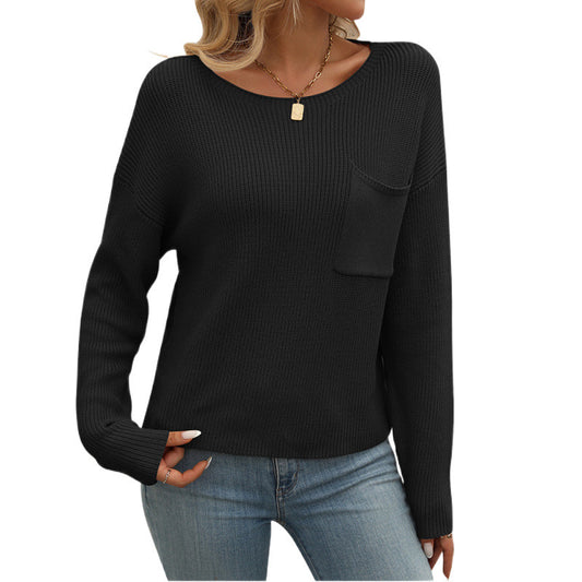 Women's Round Neck Pocket Decorative Top Long Sleeve Sweater - globaltradeleader