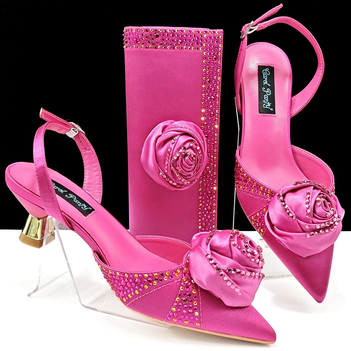 Women's Shoes And Bags Handmade Flower Decoration High Temperature Rhinestone Satin High Heels Suit - globaltradeleader