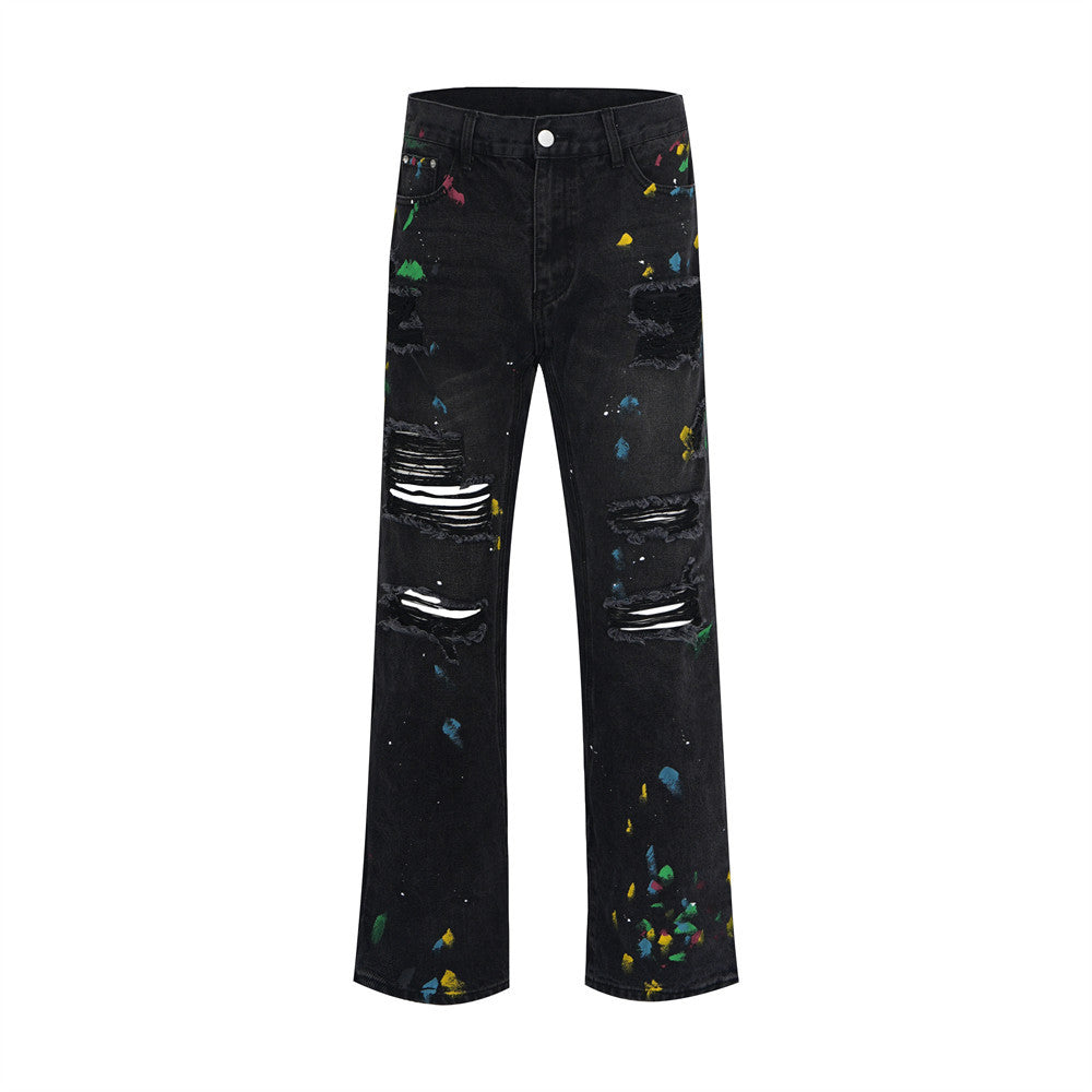 Ripped Paint Wide-leg Denim Trousers For Men