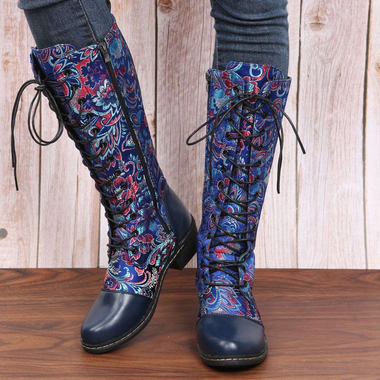 Flowers Print Long Boots WInter Retro Ethnic Style Shoes Lace-up Heeled Boots Women - globaltradeleader