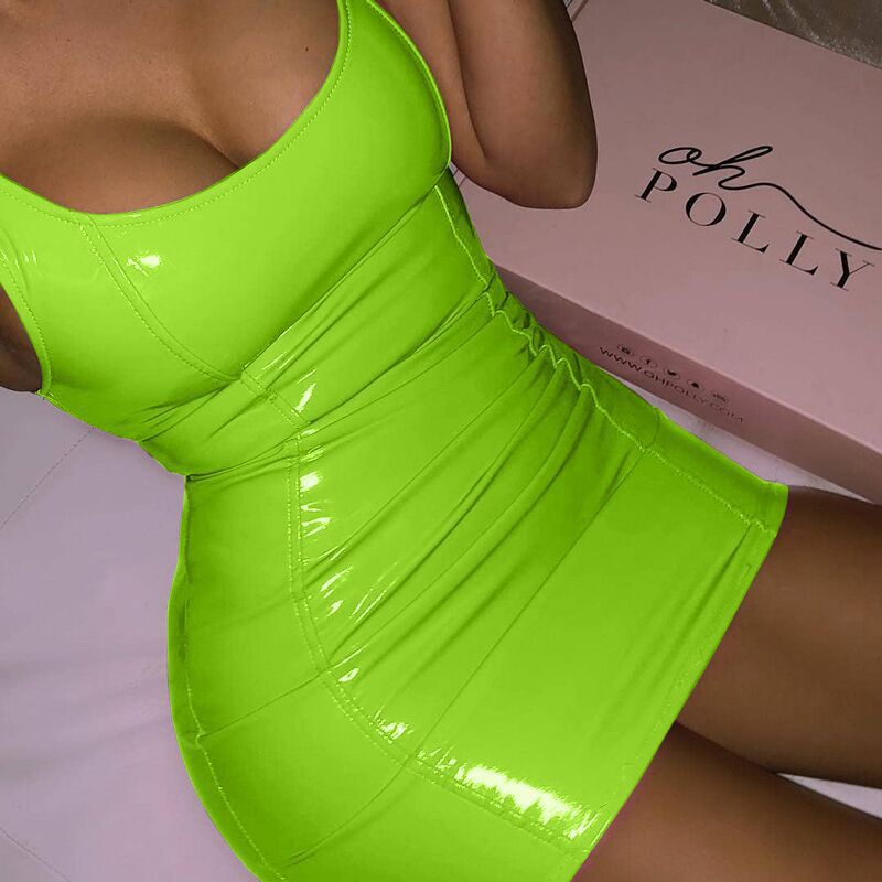 Solid Color Sling Dress Female Sexy Tight Leather Hip Skirt Party Festival Dresses - globaltradeleader