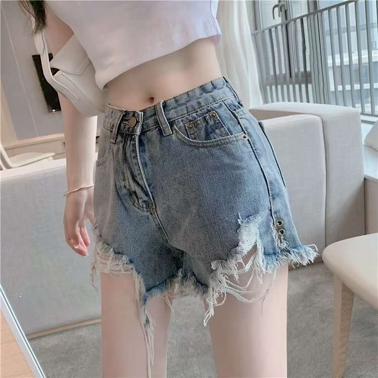 Micro Elastic High Waist Slimming Holes Frayed Vintage Denim Shorts - globaltradeleader
