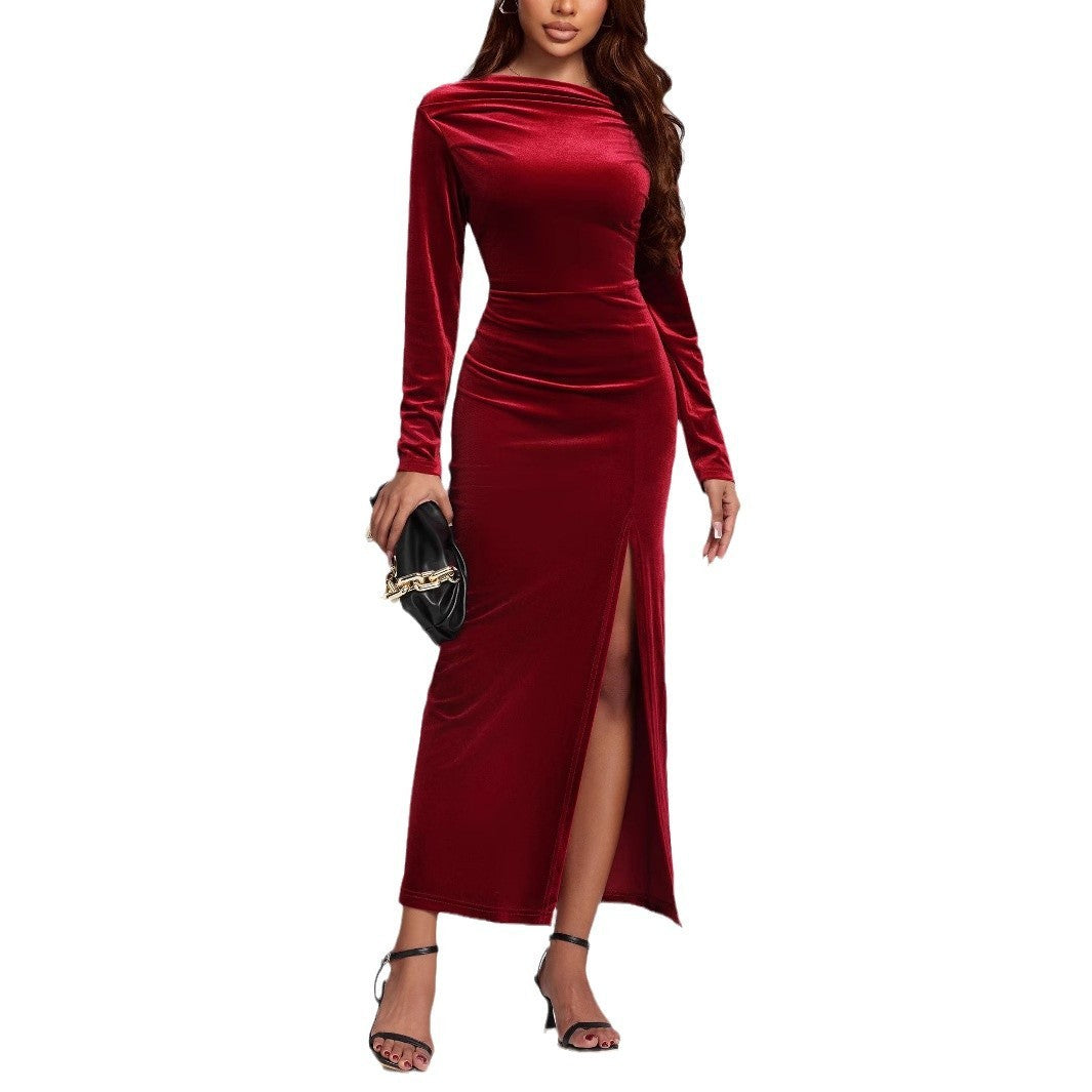 Women's Clothing Slit Formal Dress Pleuche Dress - globaltradeleader