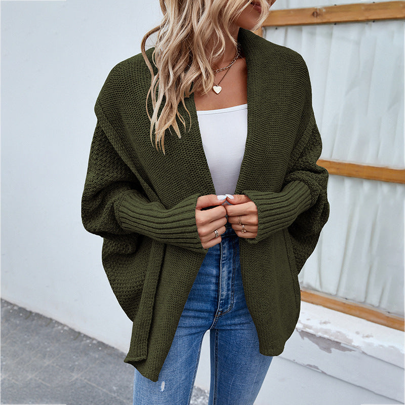 New Loose Knitted Sweater Solid Color Bat Sleeve Large Lapel Cardigan Autumn And Winter Fashion Jacket For Women Clothing - globaltradeleader