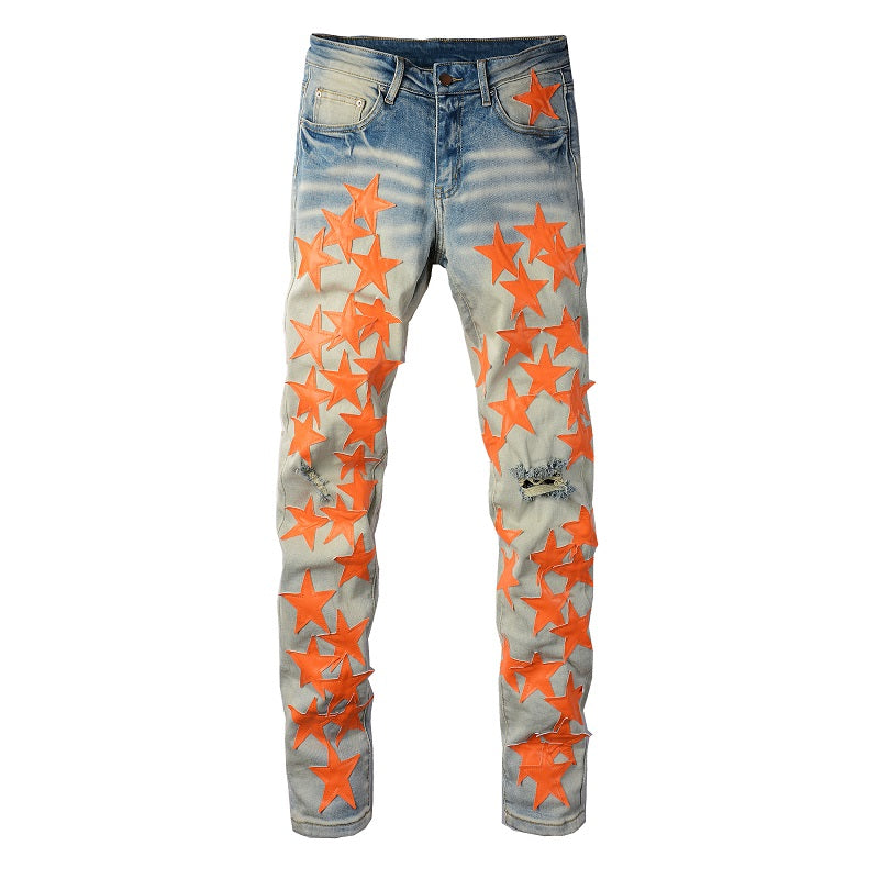 Orange Star Perforated European And American Men's Light Jeans