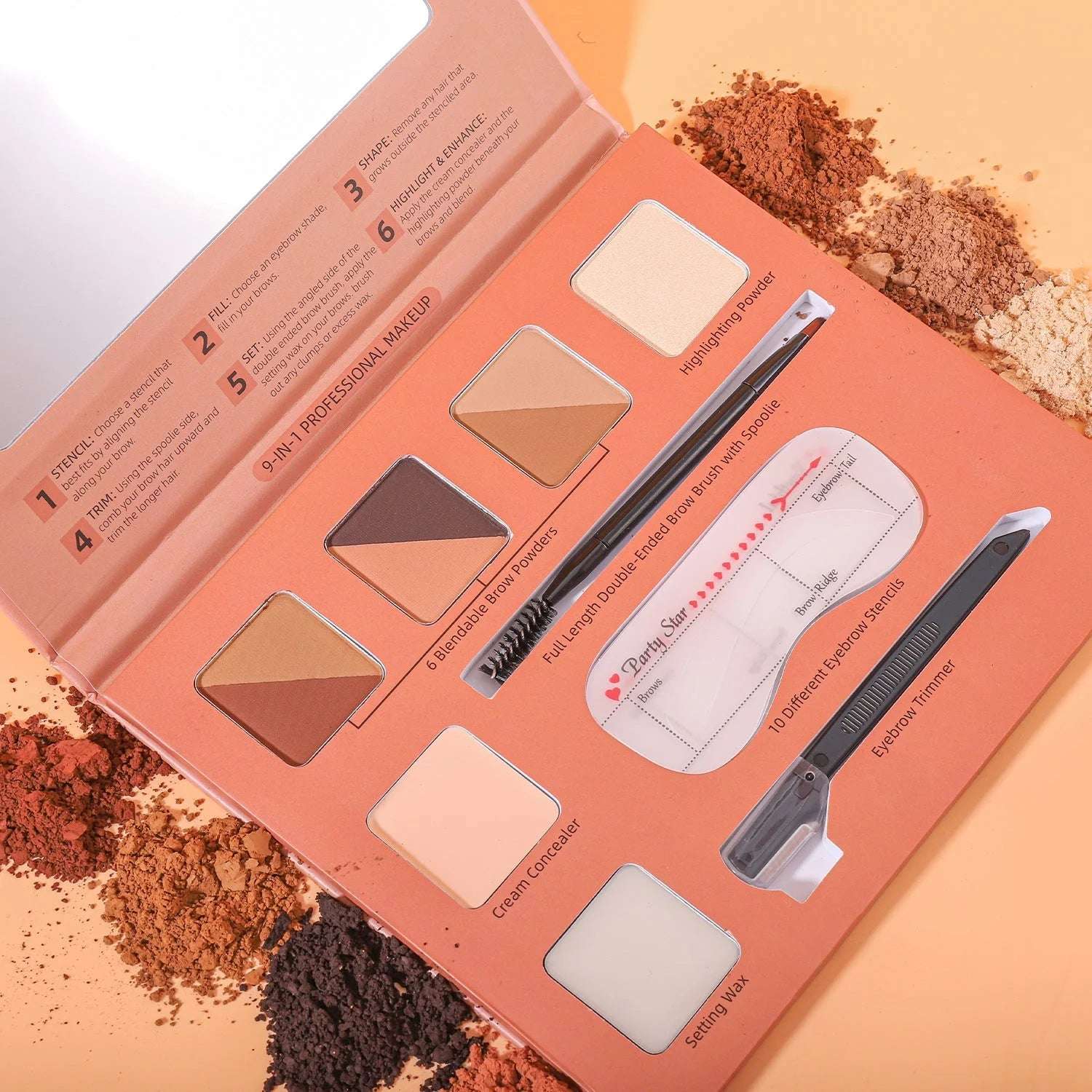 6 Colors Eyebrow Powders 9 In 1 Professional Eyebrow Contour Highlighter With Brow Brush Brow Trimmer Waterproof Makeup Palette - globaltradeleader