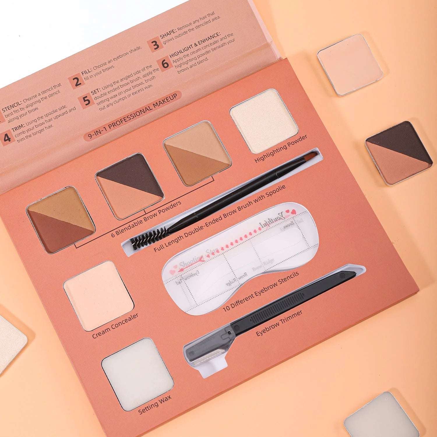 6 Colors Eyebrow Powders 9 In 1 Professional Eyebrow Contour Highlighter With Brow Brush Brow Trimmer Waterproof Makeup Palette - globaltradeleader