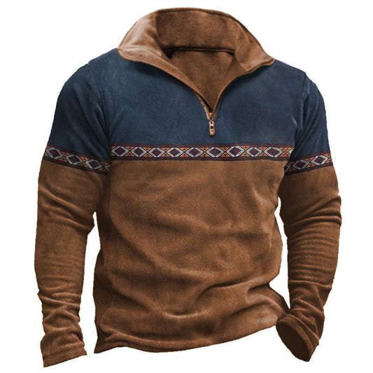 Retro Patchwork Polo Shirt Zipper Sweater Daily Outdoor Casual Top - globaltradeleader