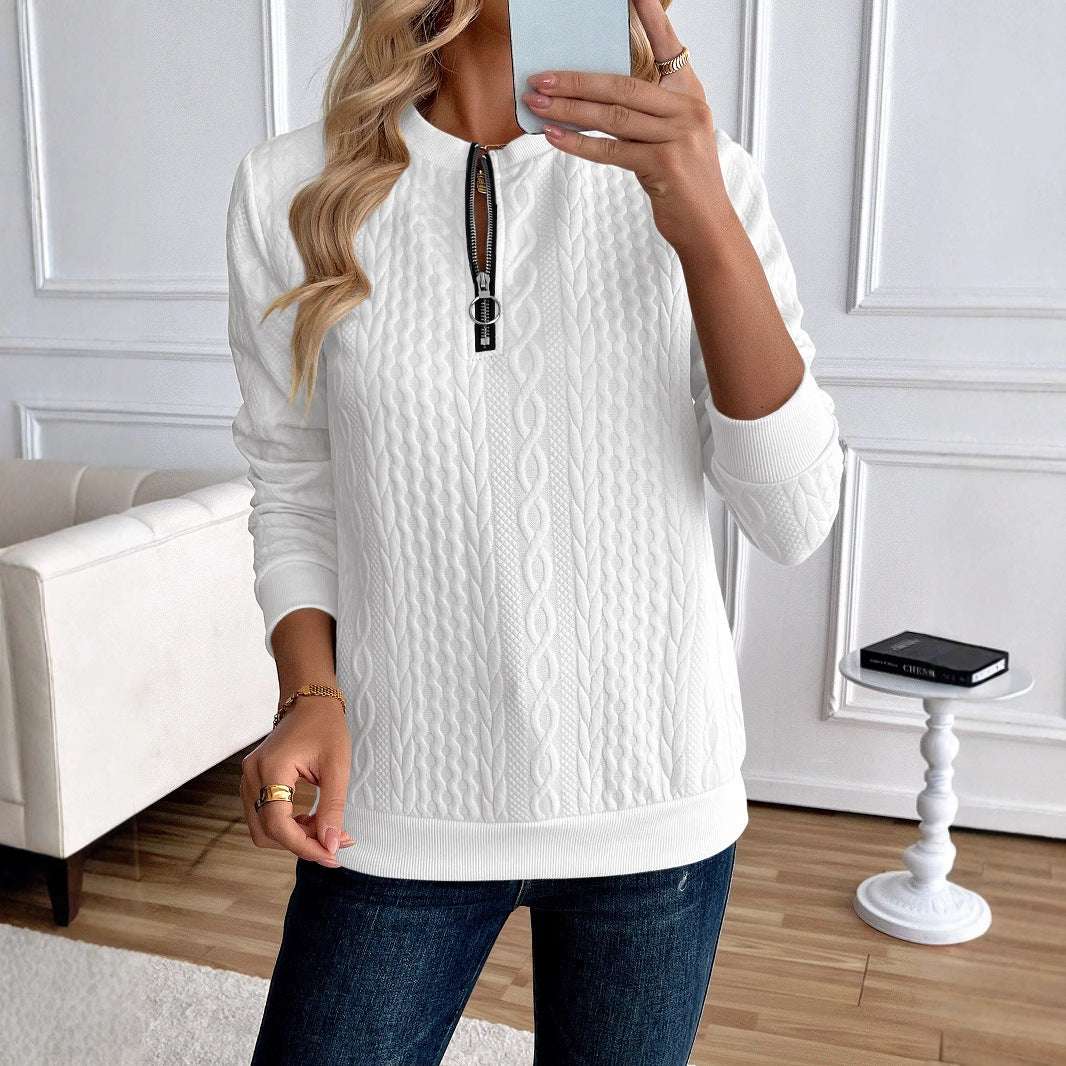 Women's Loose Casual Pullover Half Zipper Long Sleeve Solid Color Texture Round Neck Hoodie For Women - globaltradeleader