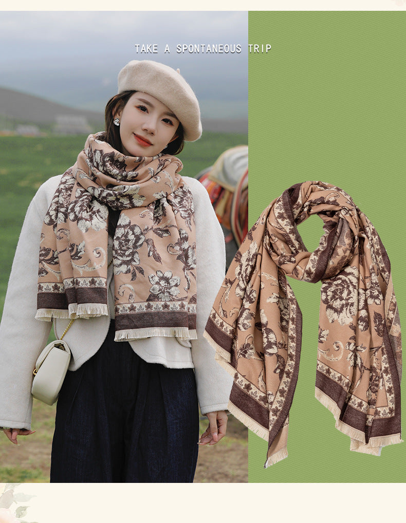 Retro Ethnic Style Peony Flower Cashmere Scarf