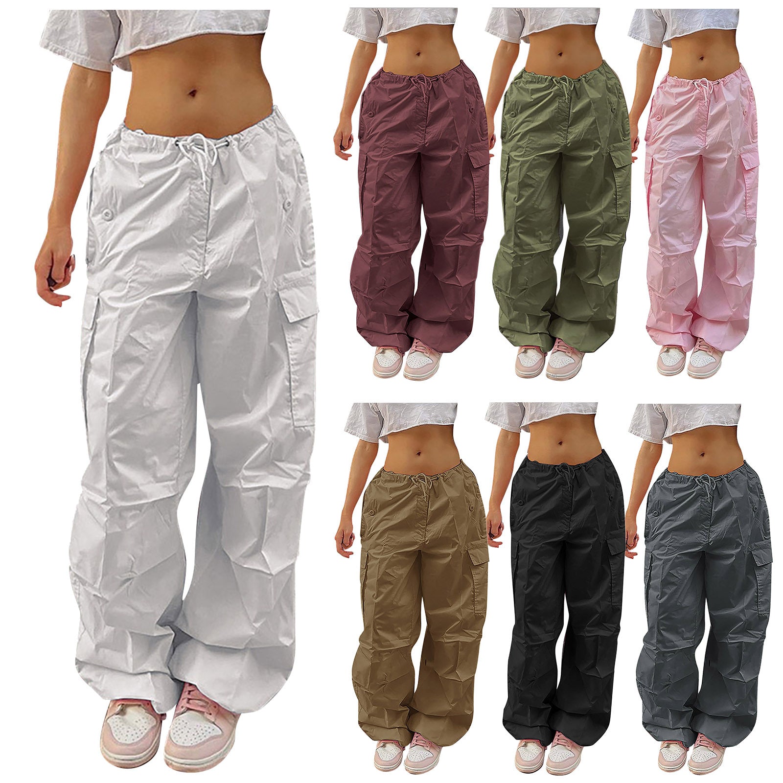 Casual Cargo Pants For Women Solid Color Drawstring Pocket Design Fashion Street Trousers Girls - globaltradeleader