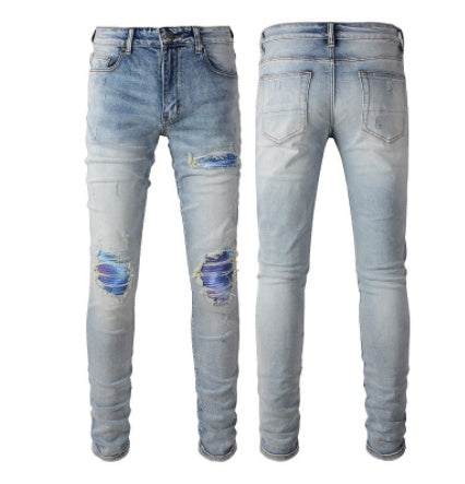 High Street Light Blue Broken Hole Colorful Gradient Pants - globaltradeleader