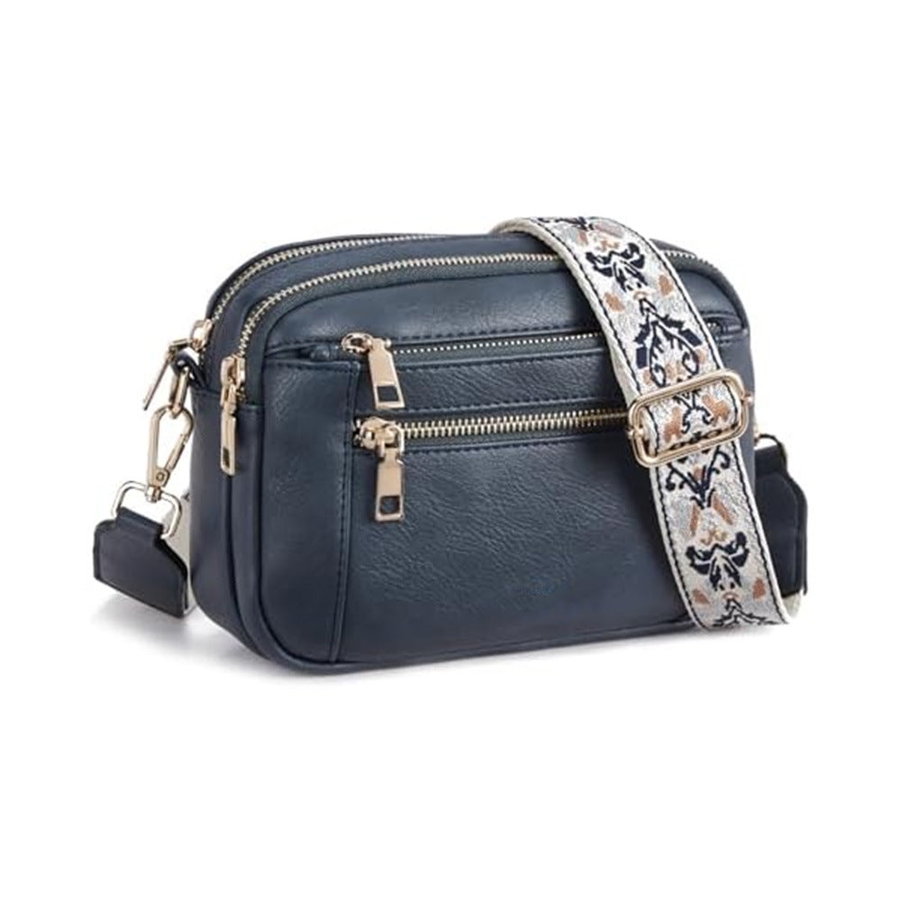 Triple-zipper Shoulder Bag With Floral Embroidered Straps Fashion Colorblock Multi-functional Crossbody Bags For Women - globaltradeleader