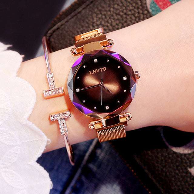 Rose Gold Women Watches Fashion Diamond Ladies Starry Sky Magnet Watch Waterproof Female Wristwatch - globaltradeleader
