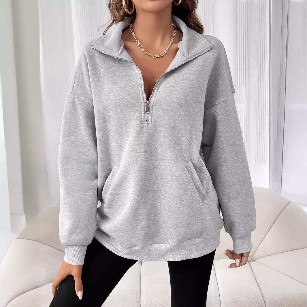 Polo Collar Solid Color Casual Women's Hoodie - globaltradeleader