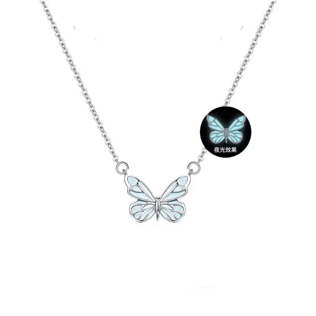 Fashion Blue Luminous Butterfly Necklace Bracelet Set For Glow In The Dark Women Clavicle Chain Choker Party Jewelry Set Gift - globaltradeleader