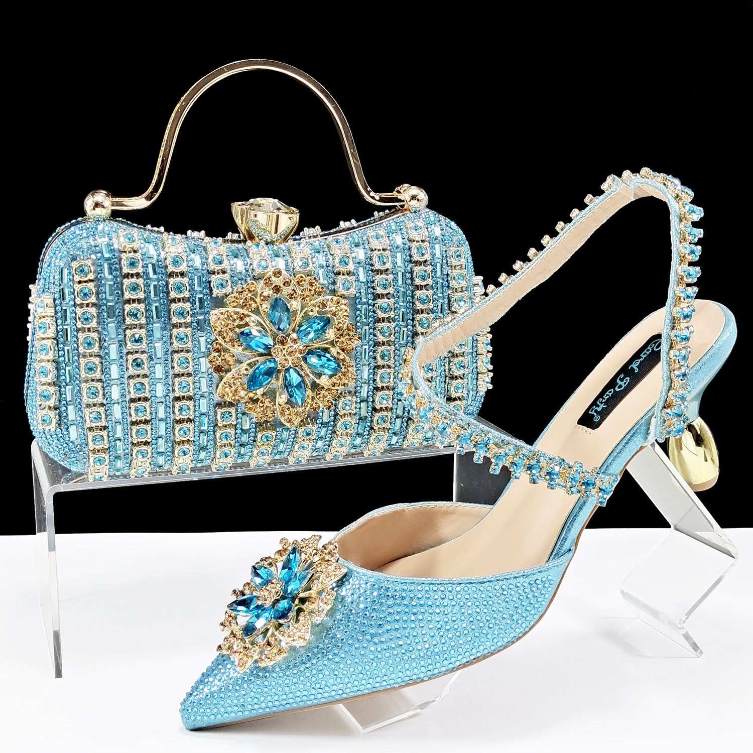 Sexy Women's Shoes And Bags Suit Drill Buckle Flower Decorative Ankle Drill Chain With Hard Clutch - globaltradeleader