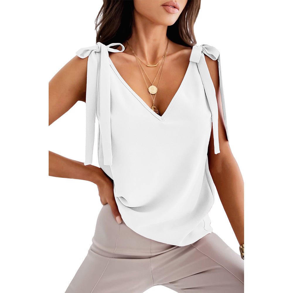 Bowknot Tie Up Camisole V-neck Shirts Women Summer Sleeveless Tank Tops - globaltradeleader