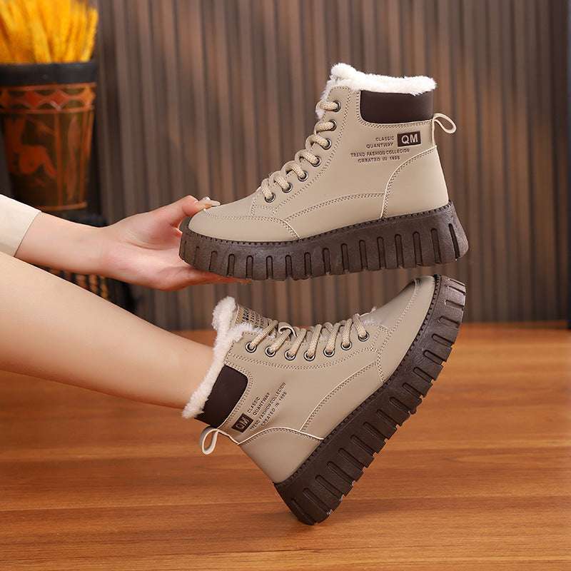 Ins Lace-up Snow Boots Winter Warm Fleece Flat Shoes For Women Fashion Casual Plush Ankle Boot - globaltradeleader