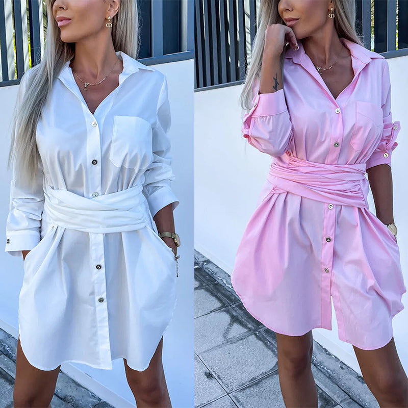 Multi-Color Rolled Sleeves Shirt Dress Women - globaltradeleader