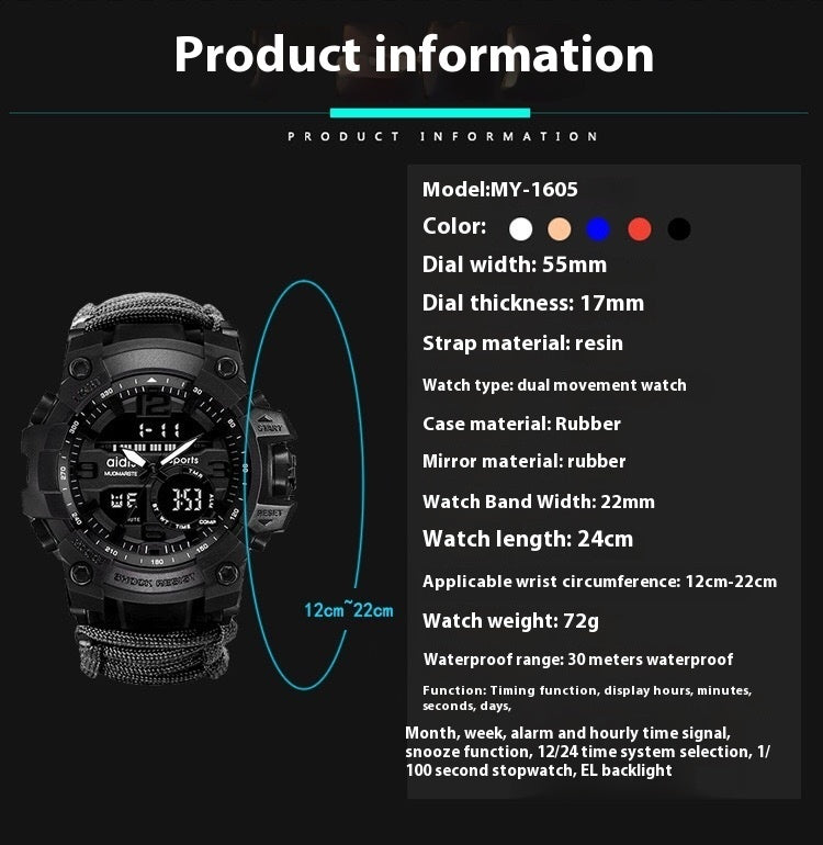 Outdoor Men's Mercenary Compass Multifunctional Waterproof Parachute Cord Chain Ring Survival Wild Special Survival Tactical Watch - globaltradeleader