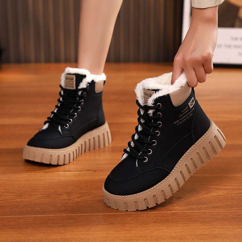 Ins Lace-up Snow Boots Winter Warm Fleece Flat Shoes For Women Fashion Casual Plush Ankle Boot - globaltradeleader