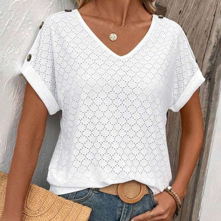 Button Solid Color Circle Loose Short Sleeve T-shirt For Women - globaltradeleader