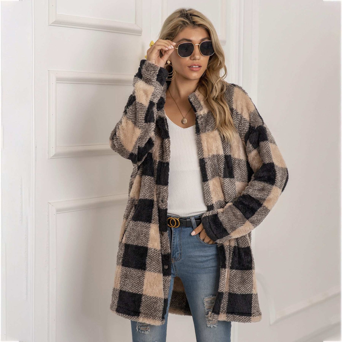 Colorblock Plaid Fleece Jacket Fashion Single Breasted Long Jacket Women's Clothing - globaltradeleader