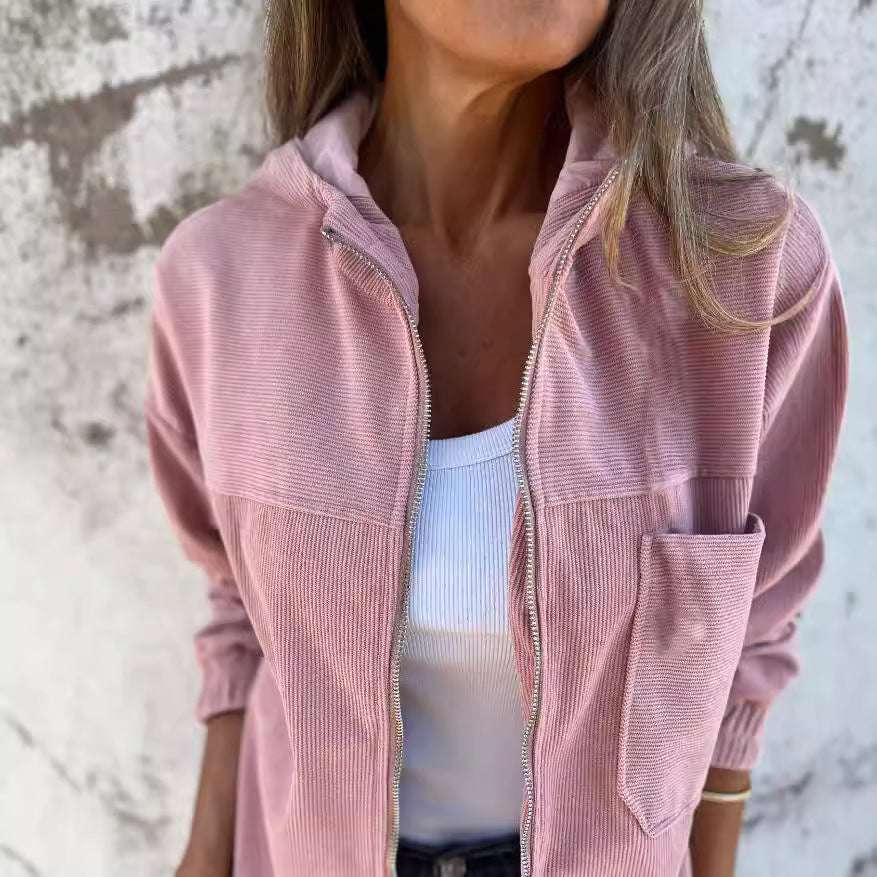 Women's Solid Color Simple Corduroy Hooded Jacket - globaltradeleader