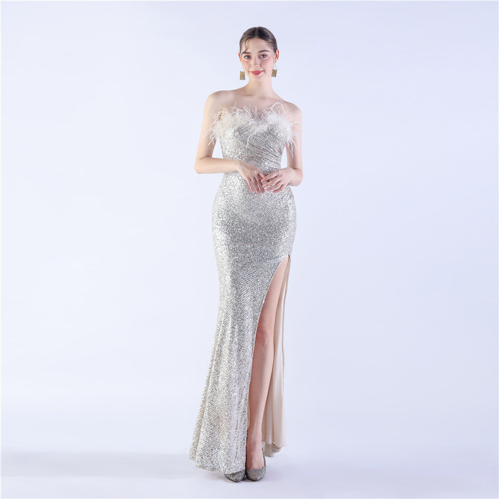 Ostrich Feather Shrink Folding Wrinkle Craft Host High-end Evening Dress - globaltradeleader