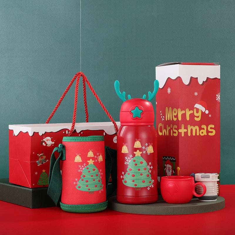 Christmas Gift Vacuum Flask Cartoon Elk Children With Cup Sleeve Bouncing Stainless Steel Double-layer Vacuum Flask