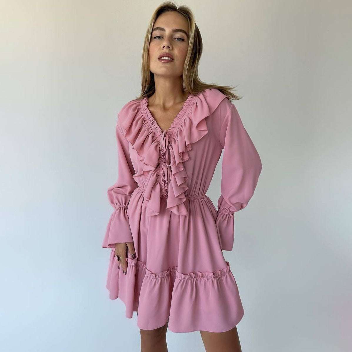 Fashion V Neck Pleated Ruffle Long Sleeve Dress Y2K V Neck Flared Sleeve Short Dress Women's Clothing - globaltradeleader