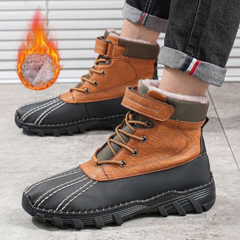 Winter Fleece Lace-up Snow Boots For Men Women Waterproof And Anti-slip Outdoor Work Boot Fashion Warm Mid-tube Cotton Shoes Men - globaltradeleader