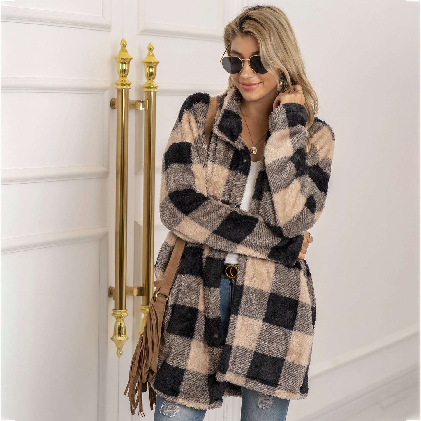 Colorblock Plaid Fleece Jacket Fashion Single Breasted Long Jacket Women's Clothing - globaltradeleader