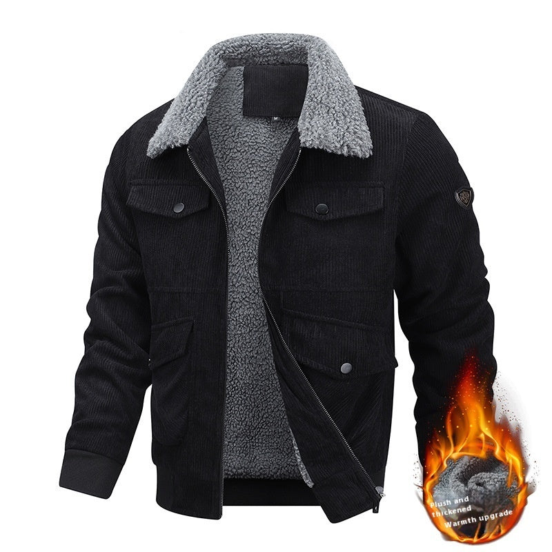 Winter Lapel Fleece Jacket With Pockets Warm Thicken Cotton Coat Men's Clothing - globaltradeleader