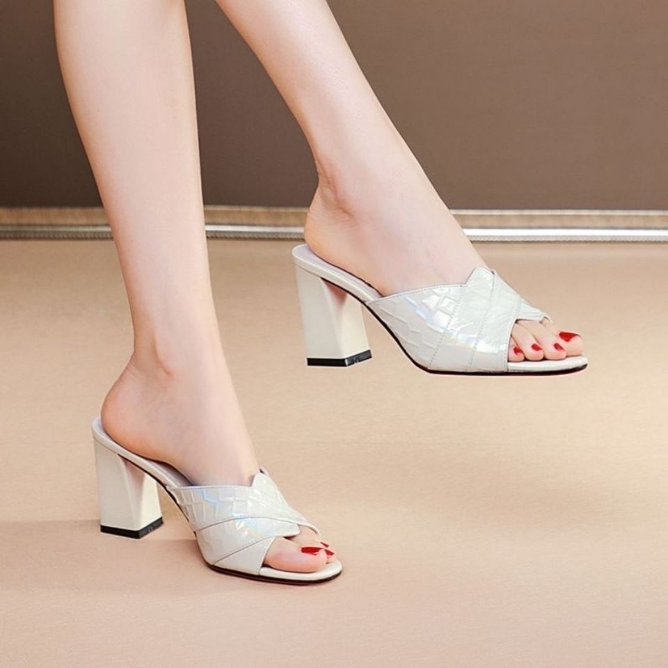 Thick Heel Sandals Women's Net Yarn Breathable One-way High-heeled Fish Mouth Slippers - globaltradeleader