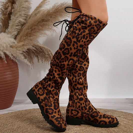 Sexy Leopard Over The Knee Boots With Back Lace-up Design Fashion High-tube Socks Shoes Winter Chunky Heels Long Boots - globaltradeleader