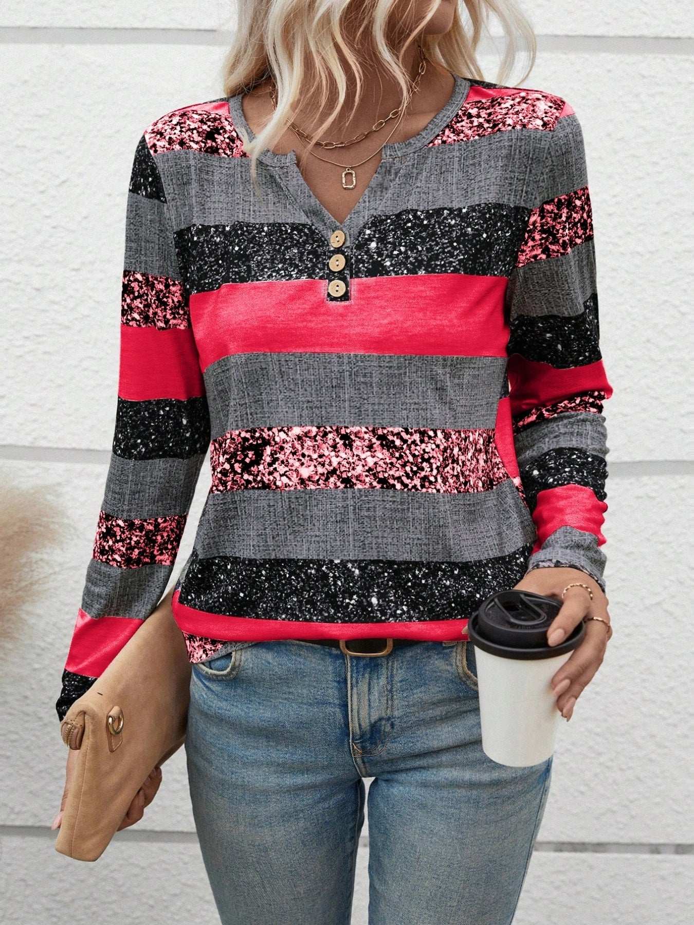 Striped V-neck 3D Printing Fashion Casual Sweater - globaltradeleader