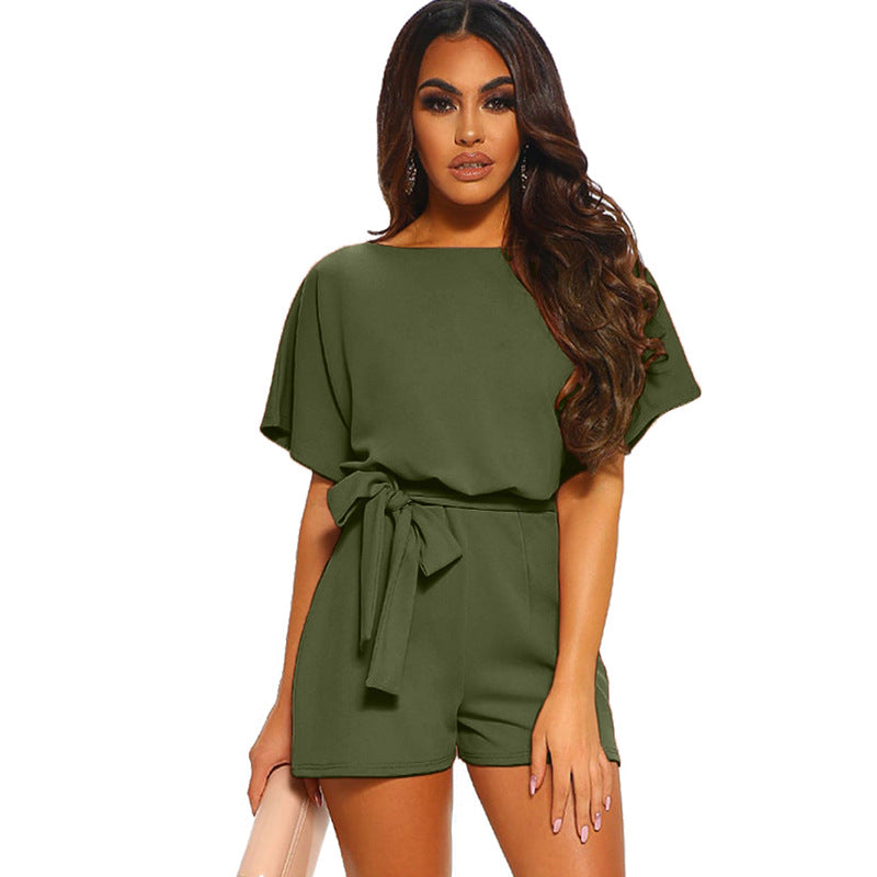 Women's Round Neck Short-sleeved Lace-up Jumpsuit - globaltradeleader