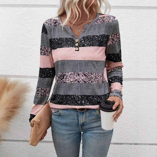 Striped V-neck 3D Printing Fashion Casual Sweater - globaltradeleader