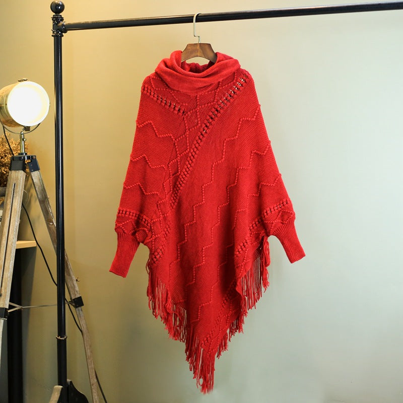 Autumn And Winter New Tassel Knitwear Shawl High Collar Warm Batwing Sleeve Pullover