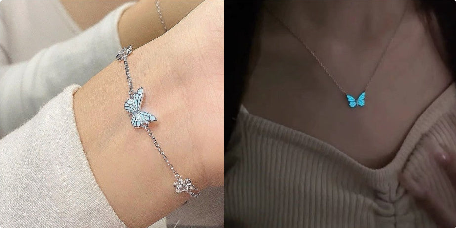 Fashion Blue Luminous Butterfly Necklace Bracelet Set For Glow In The Dark Women Clavicle Chain Choker Party Jewelry Set Gift - globaltradeleader