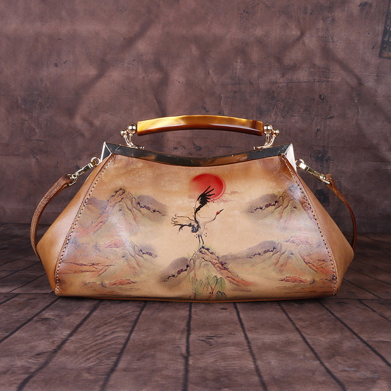 Female bag cheongsam cowhide embossed red sun crane hand rub color clip bag