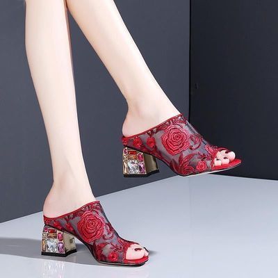 Ethnic Wind Rhinestone Mid-heel Mesh Slippers - globaltradeleader