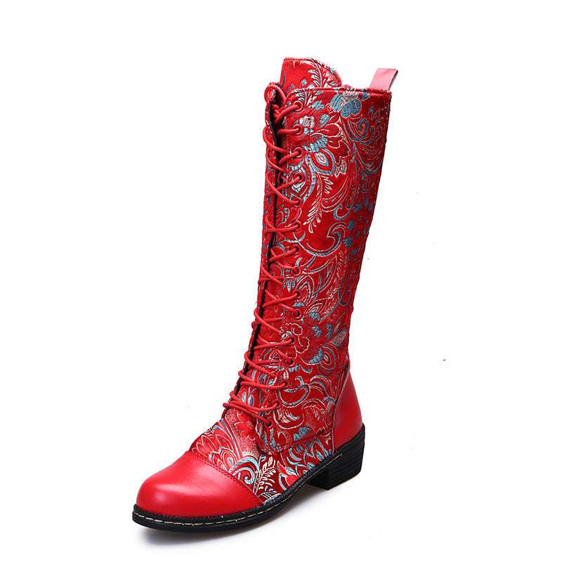 Flowers Print Long Boots WInter Retro Ethnic Style Shoes Lace-up Heeled Boots Women - globaltradeleader