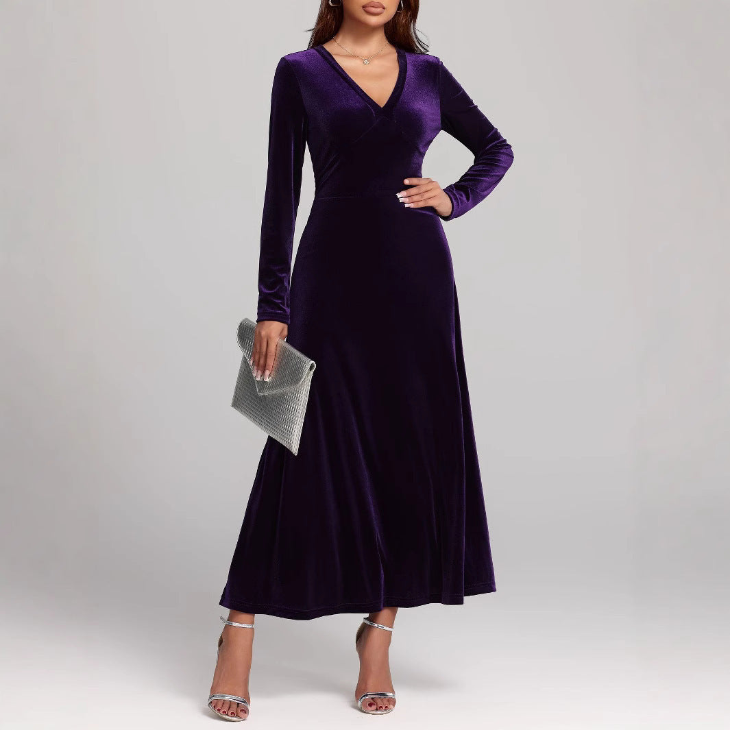 V-neck Long Sleeve Evening Dress Pleuche Dress - globaltradeleader