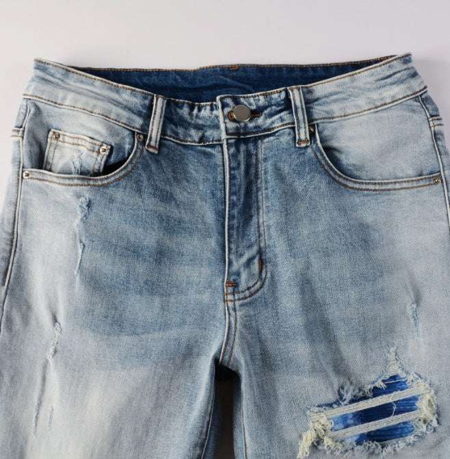 High Street Light Blue Broken Hole Colorful Gradient Pants - globaltradeleader