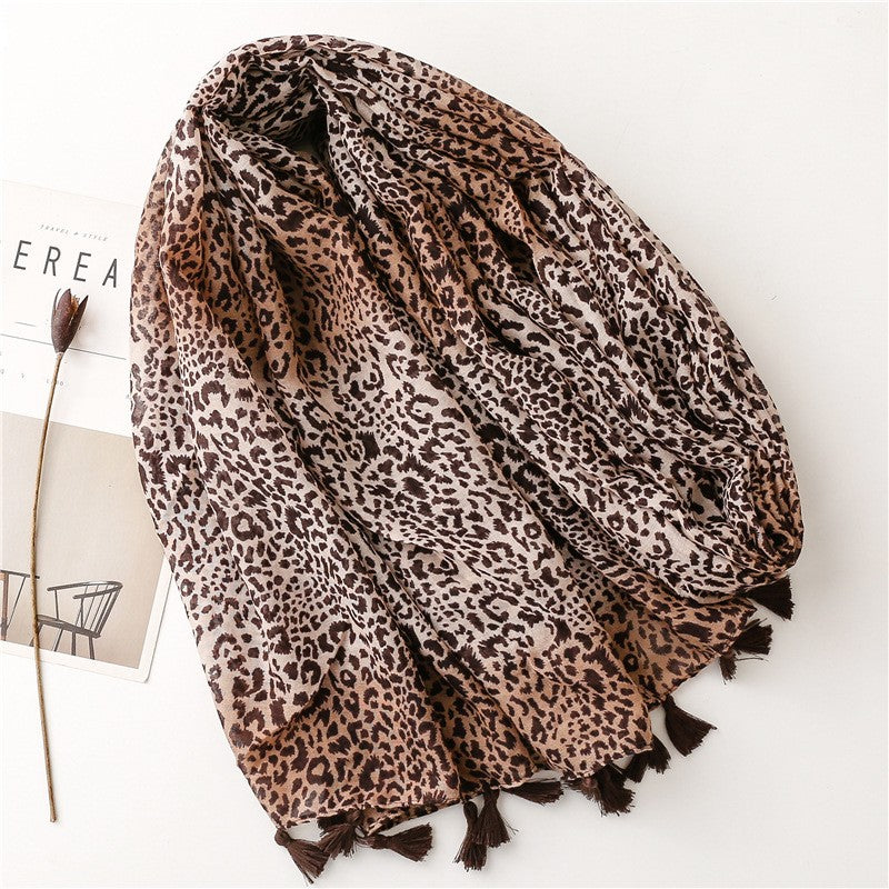 Fashion Large Leopard-print Personality Voile Silk Scarf Coffee Color Gradient Handmade Tassel Sun-proof