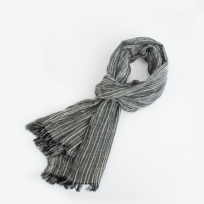 Cotton And Linen Scarf Japanese Literary Style Striped Fringed Drape