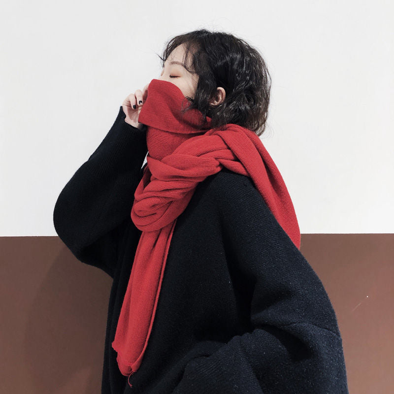 Pure Color Knitted Wool Net Red Scarf Women Autumn And Winter Thicken Warm